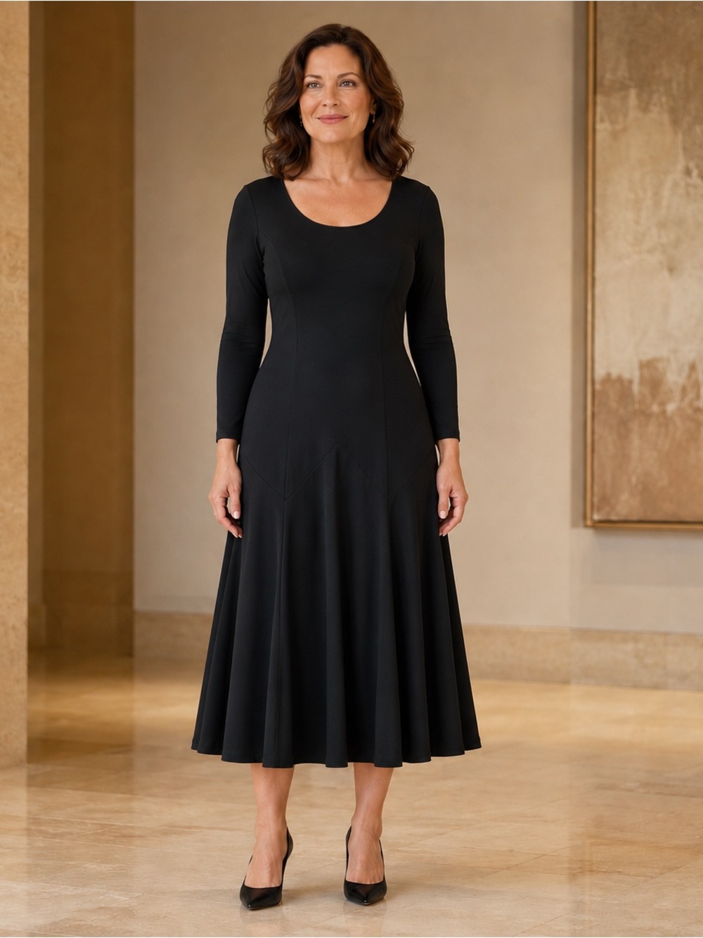 Lauren Ralph Lauren Black Chevron Seam Fit Flare Midi Dress Size 12
